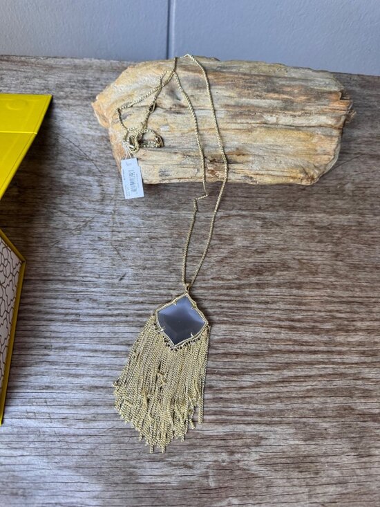 Kendra Scott Jewelry - Kendra Scott Kingston Gold Tone Long Fringe Pendant Necklace Slate Cat’s Eye 32”